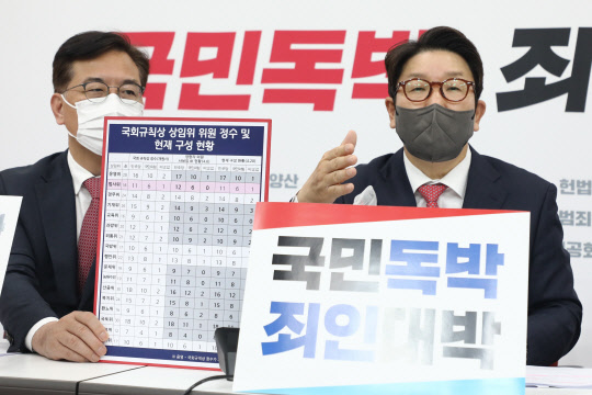 권성동(오른쪽) 국민의힘 원내대표가 20일 오후 국회에서 법제사법위원회 소속 민형배 더불어민주당 의원의 탈당 관련 긴급 기자간담회를 하고 있다.<국회사진기자단·연합뉴스>